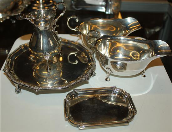 Silver waiter, two sauce boats (one Asprey), a cream jug & a pair of pin trays